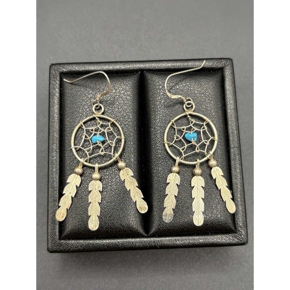 Vintage Sterling Silver Turquoise Dream Catcher Dangle Earring 925 D29